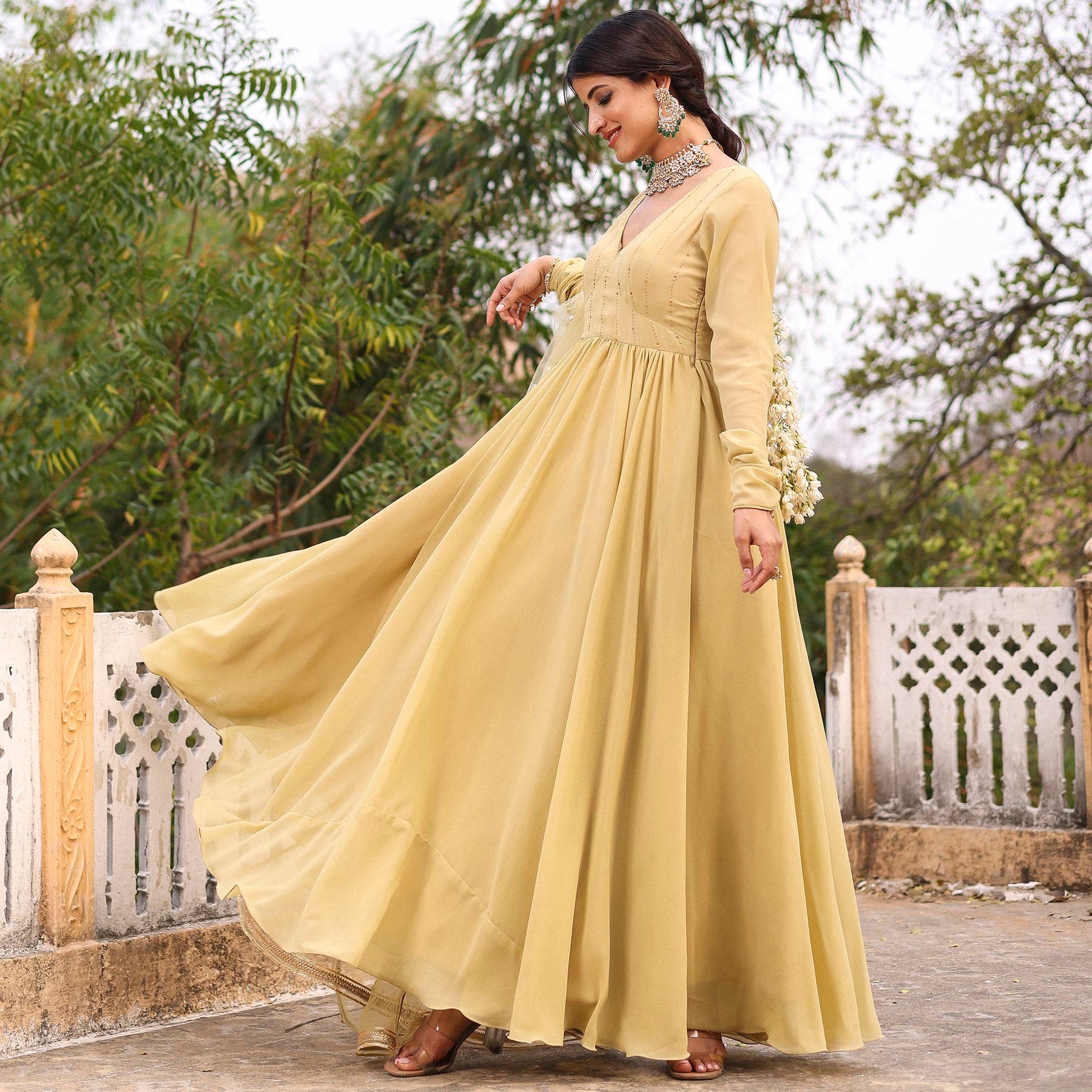 GREEN MUKAISH FLARED LONG GOWN