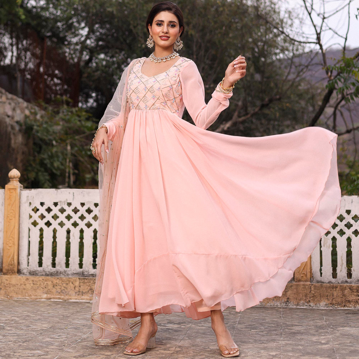 PINK MUKAISH ANARKALI SET