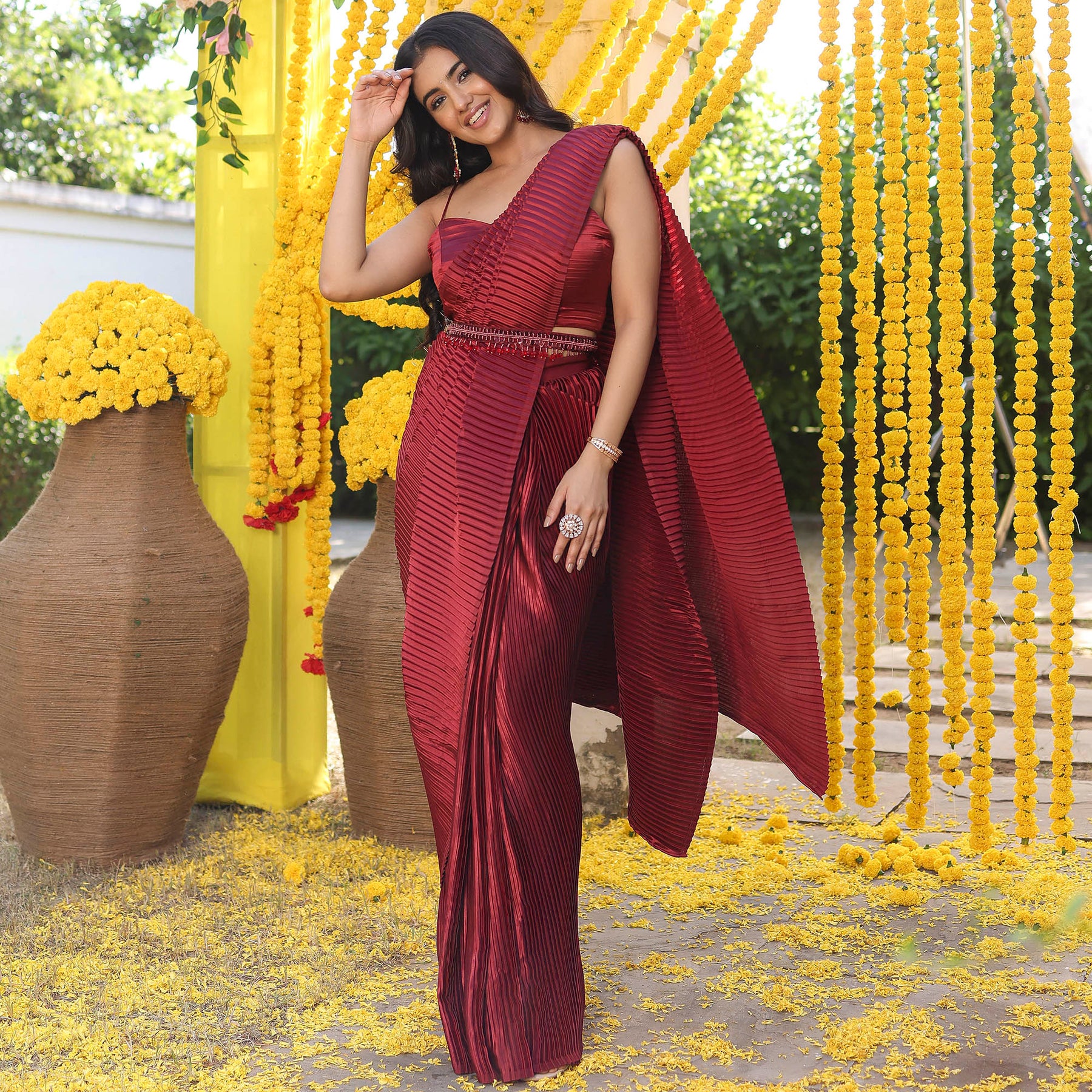 Maroon Pleated Pre-draped Saree