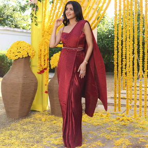 Maroon Pleated Pre-draped Saree