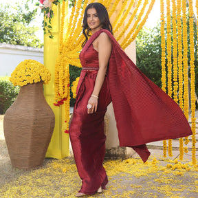 Maroon Pleated Pre-draped Saree