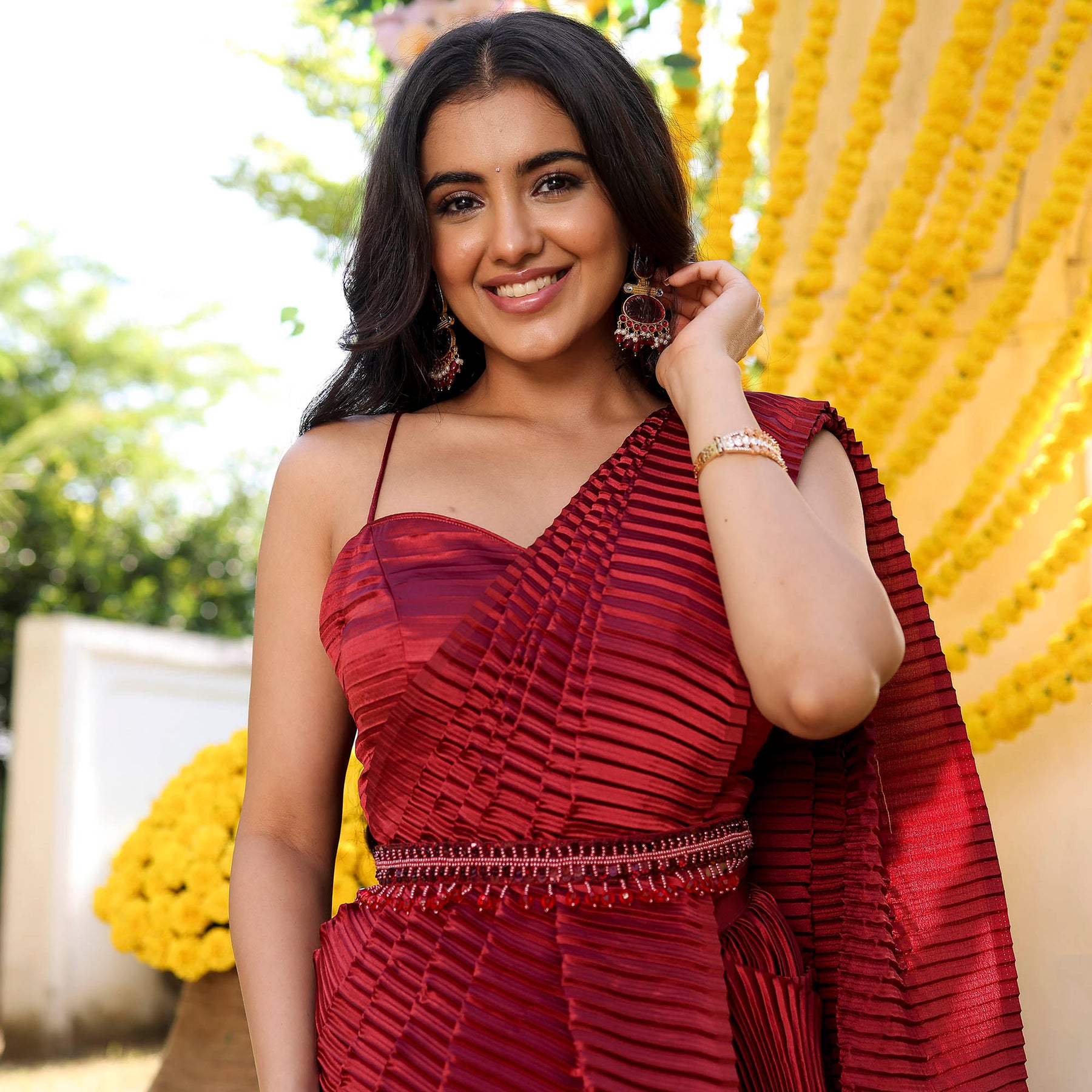 Maroon Pleated Pre-draped Saree