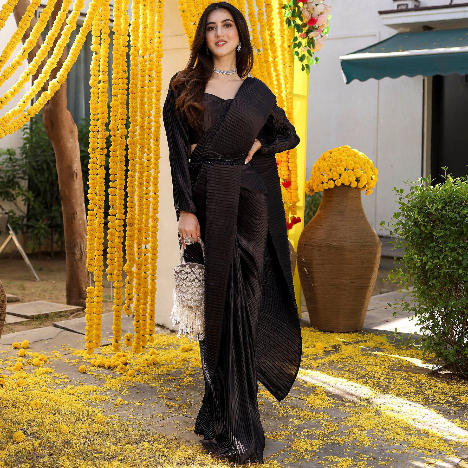 Black Pleated Pre-Draped Saree