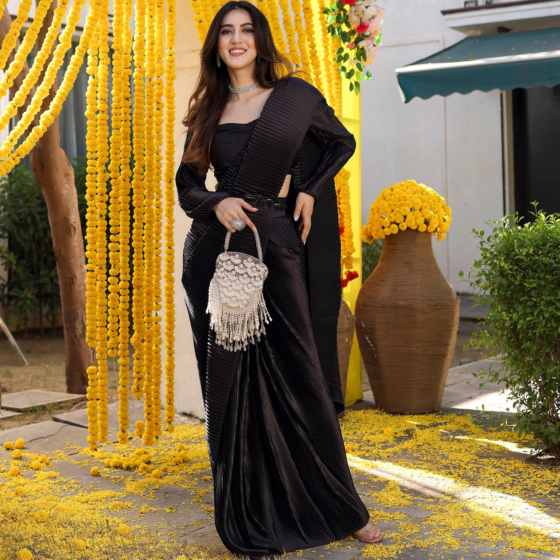 Black Pleated Pre-Draped Saree