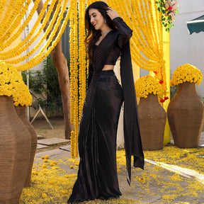 Black Pleated Pre-Draped Saree