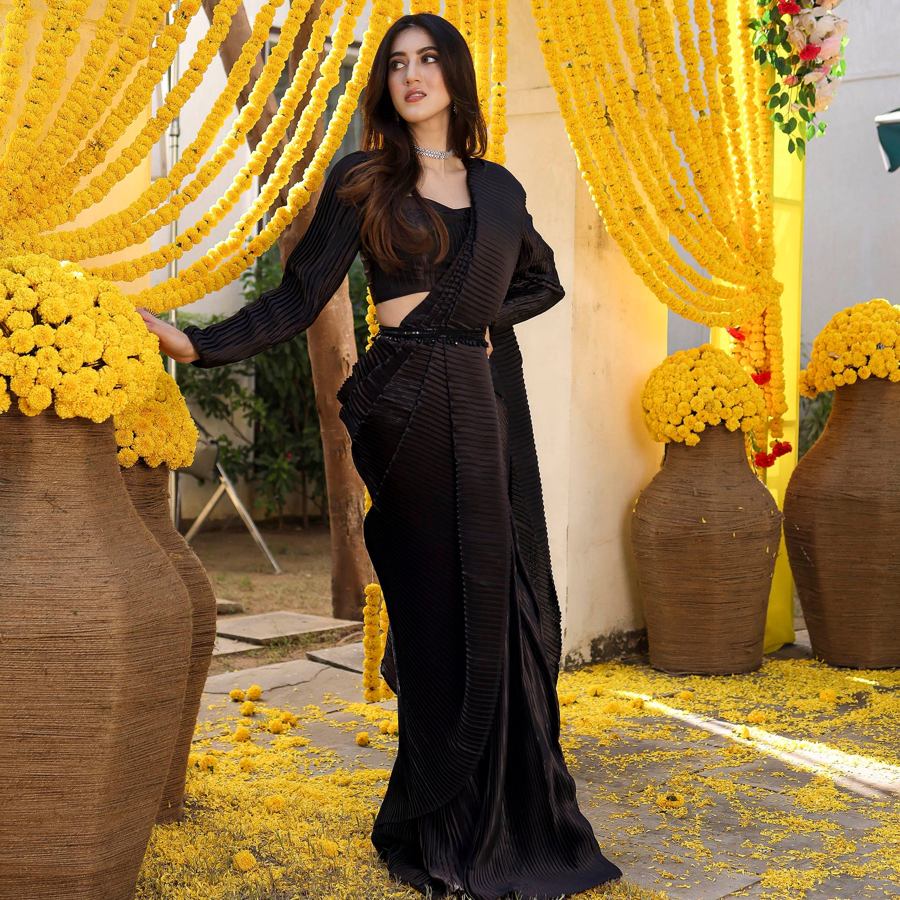 Black Pleated Pre-Draped Saree