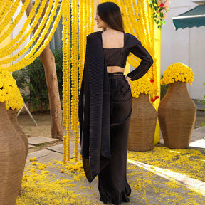 Black Pleated Pre-Draped Saree