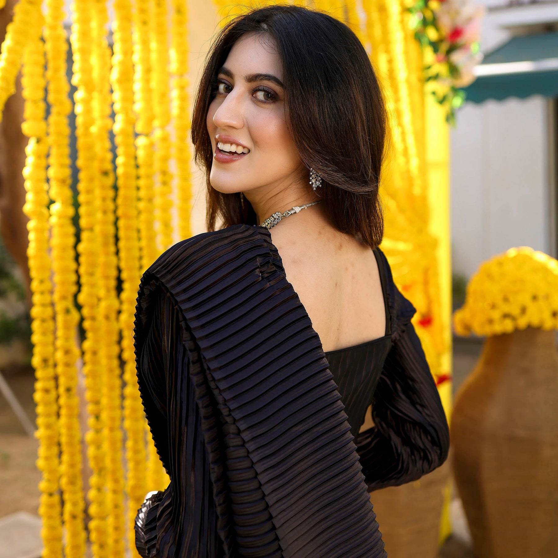 Black Pleated Pre-Draped Saree