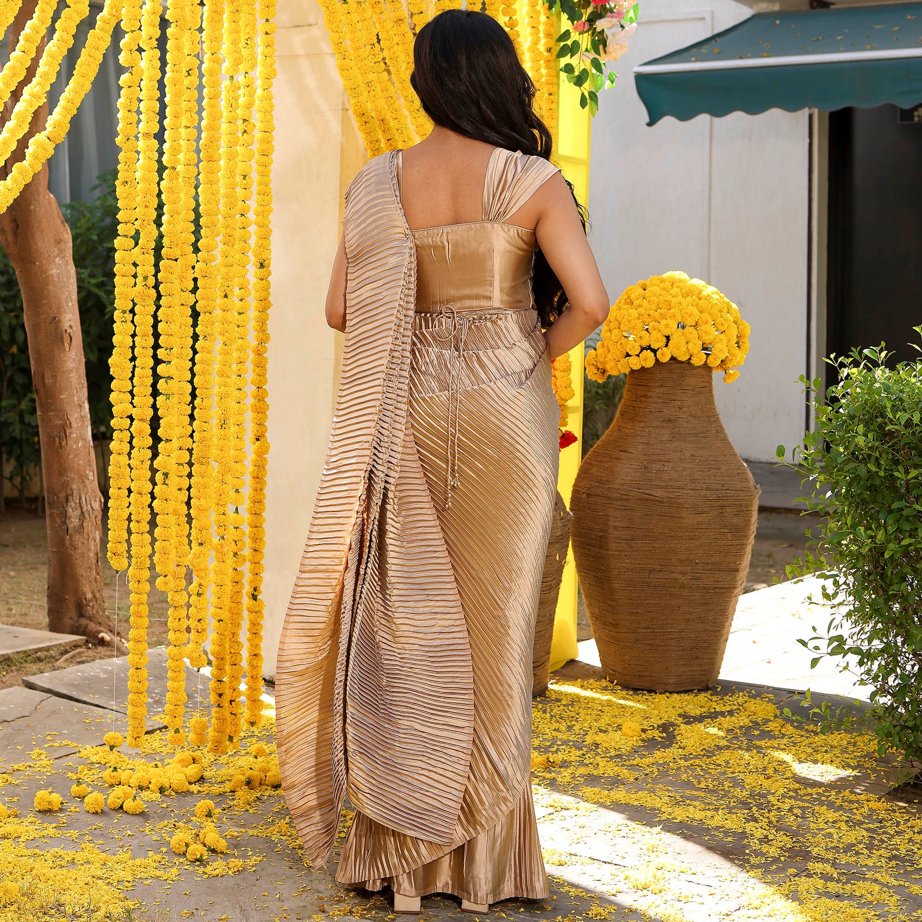 Gold Pleated Pre-Draped Saree