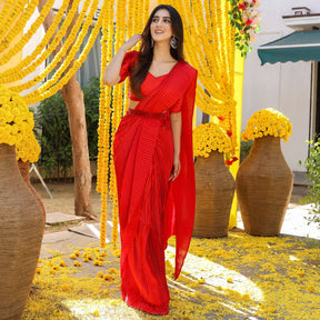 Red Pleated Pre-Draped Saree