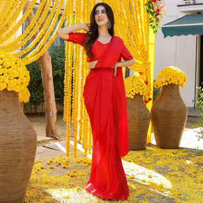 Red Pleated Pre-Draped Saree