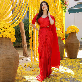 Red Pleated Pre-Draped Saree