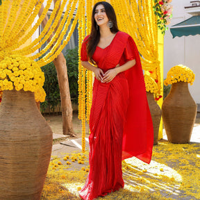 Red Pleated Pre-Draped Saree