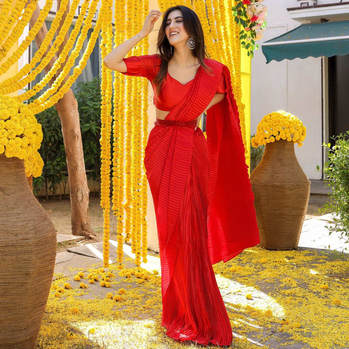 Red Pleated Pre-Draped Saree