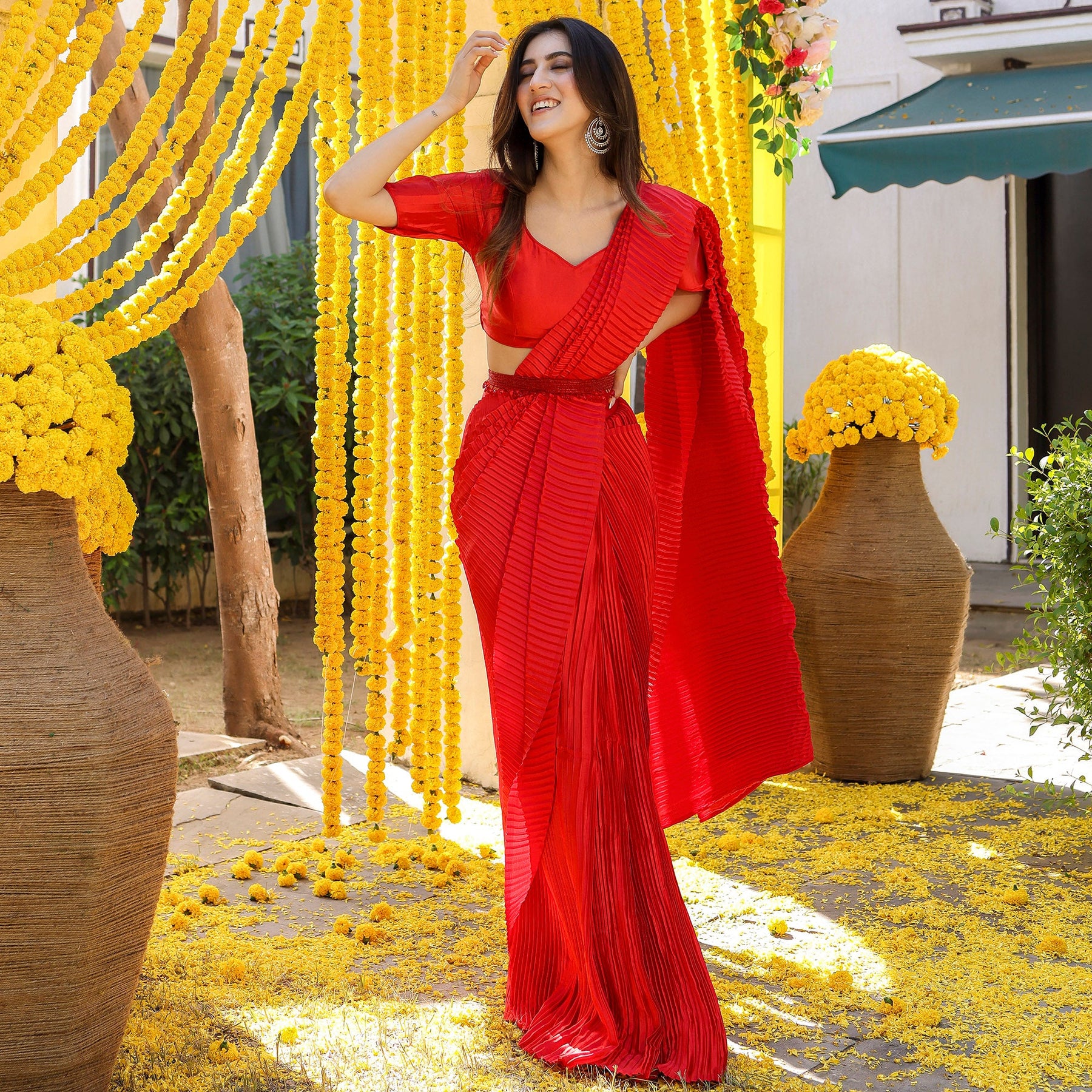 Red Pleated Pre-Draped Saree