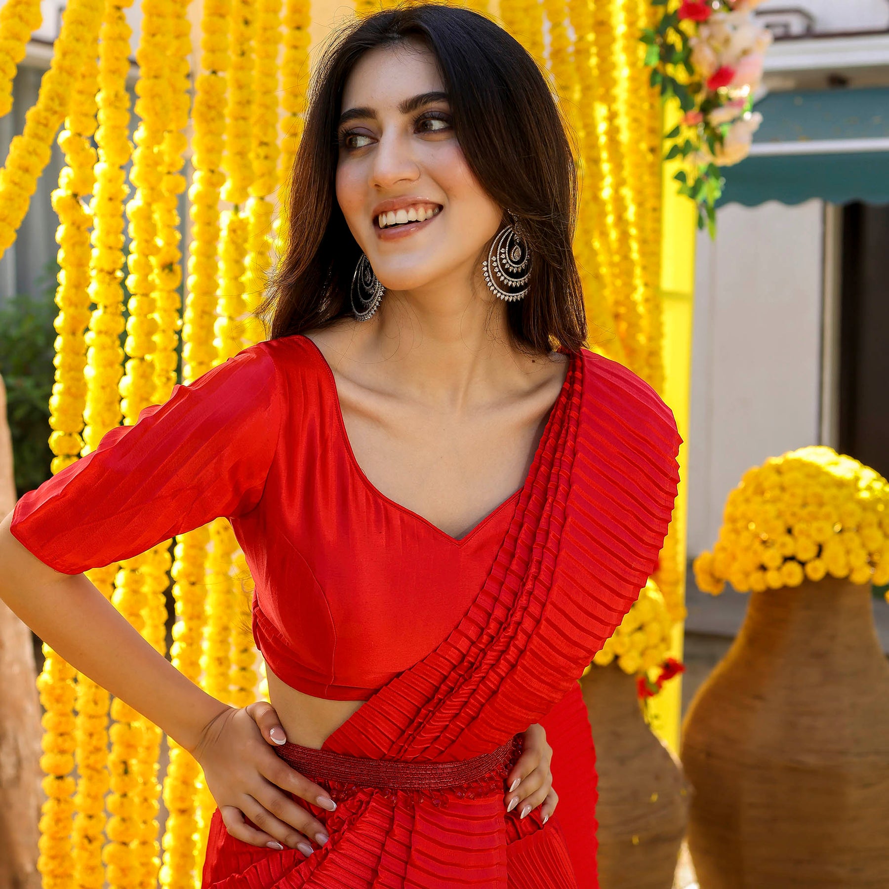 Red Pleated Pre-Draped Saree