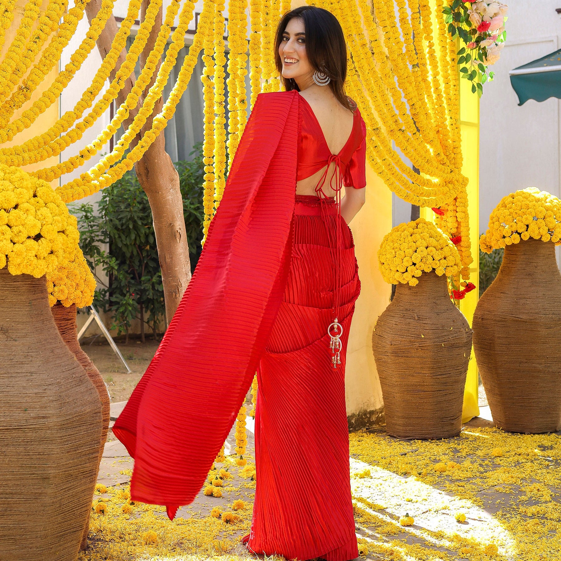 Red Pleated Pre-Draped Saree