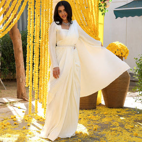 White Pleated Pre-Draped  Saree