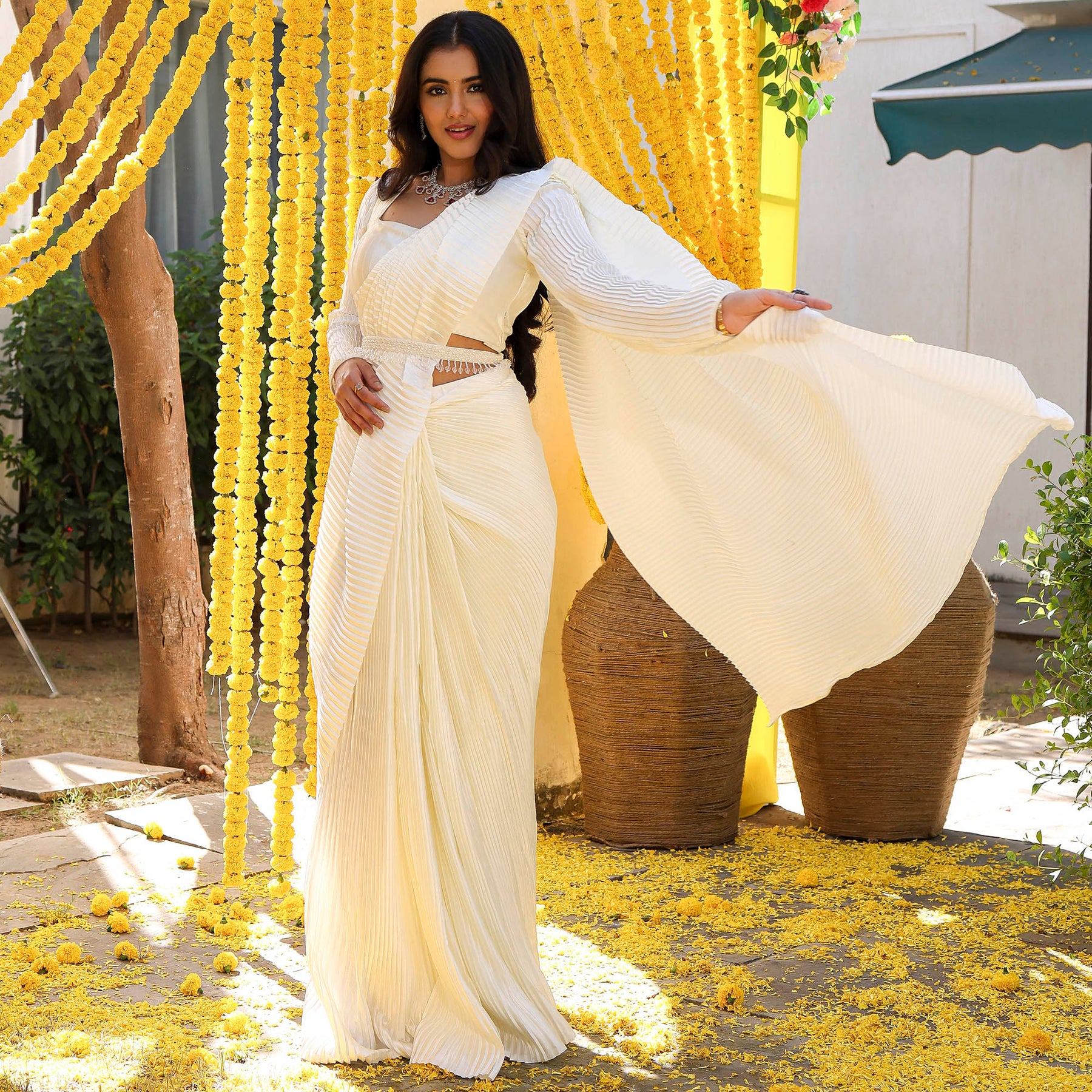 White Pleated Pre-Draped  Saree