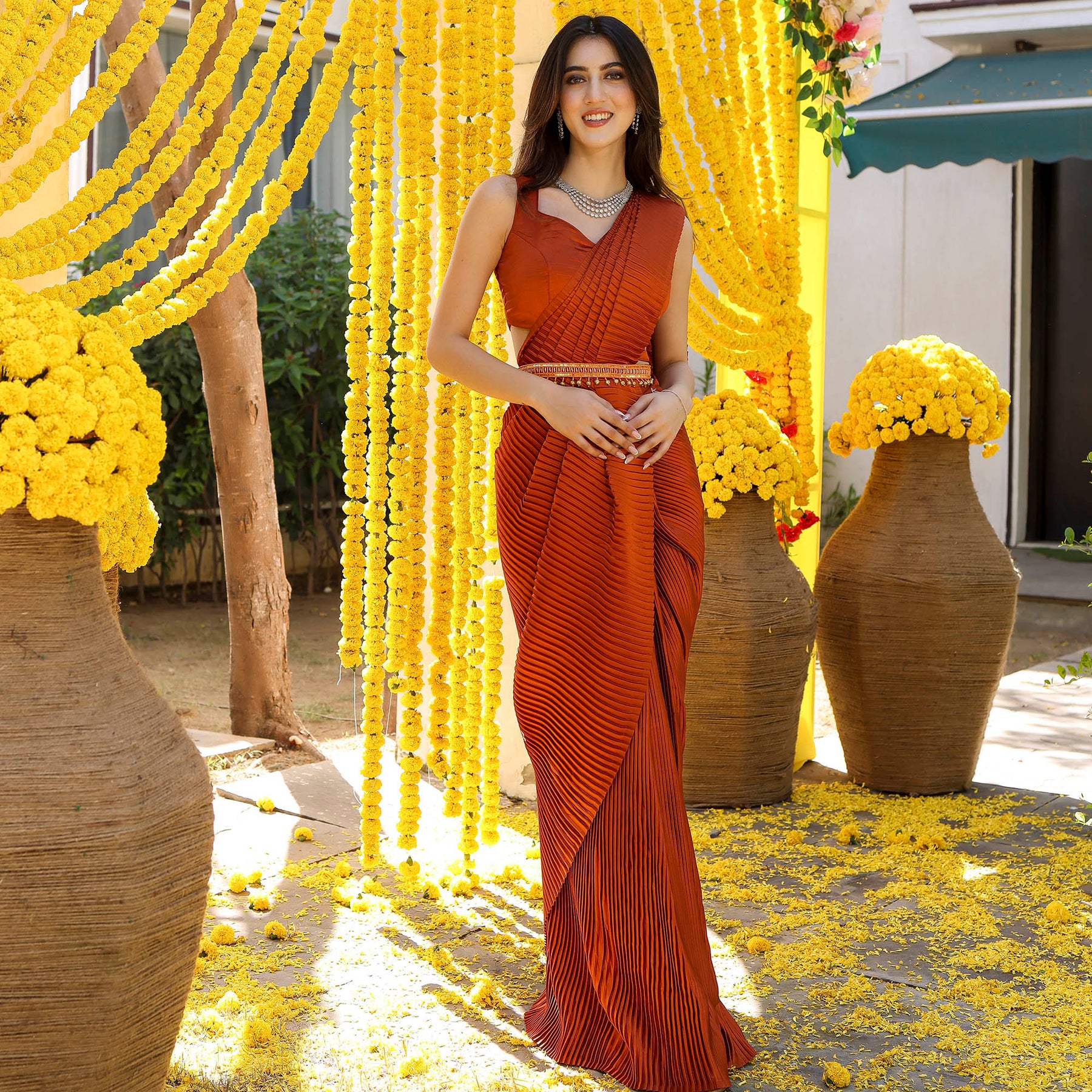 Brown Pleated Pre-Draped Saree