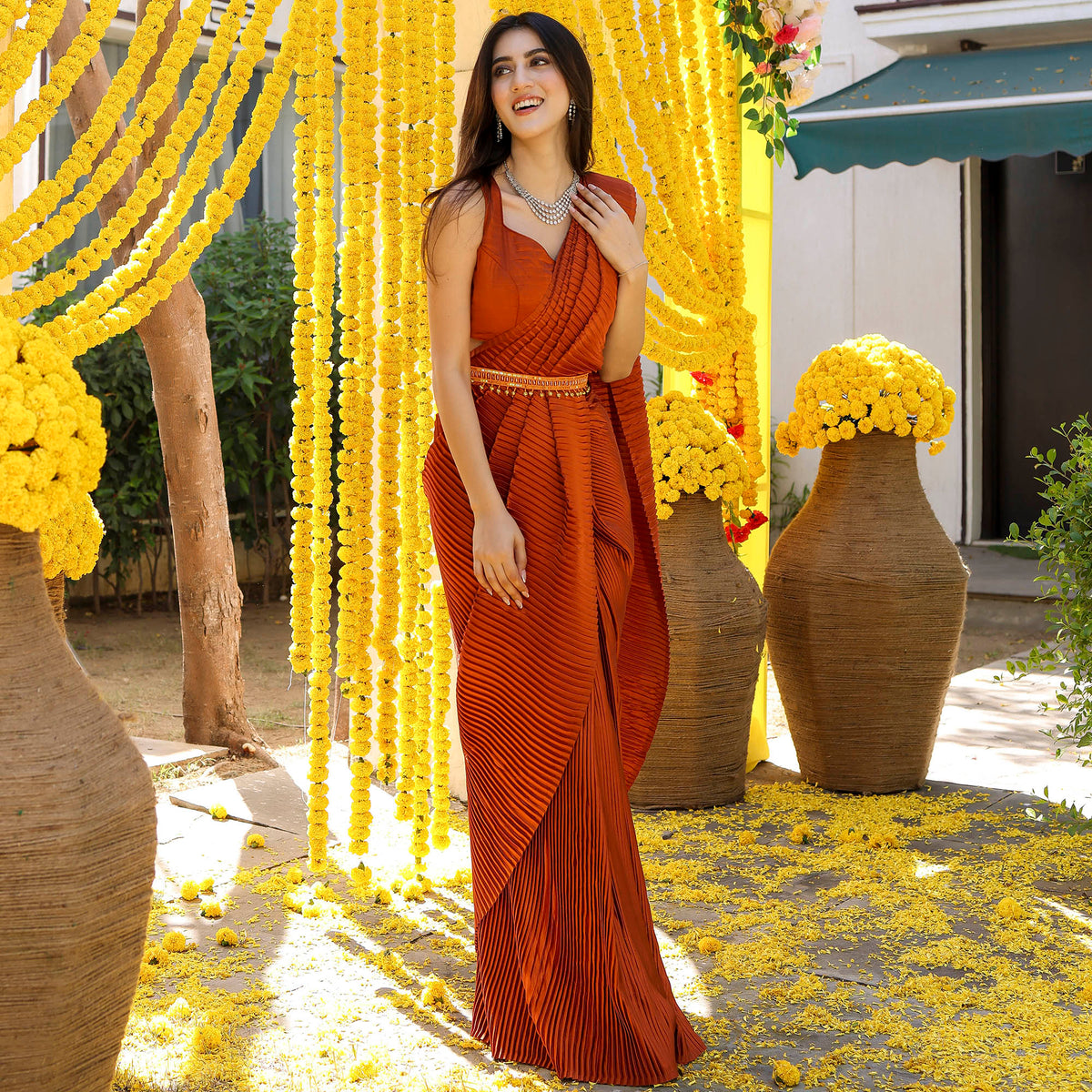 Brown Pleated Pre-Draped Saree