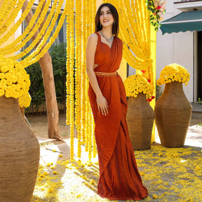 Brown Pleated Pre-Draped Saree