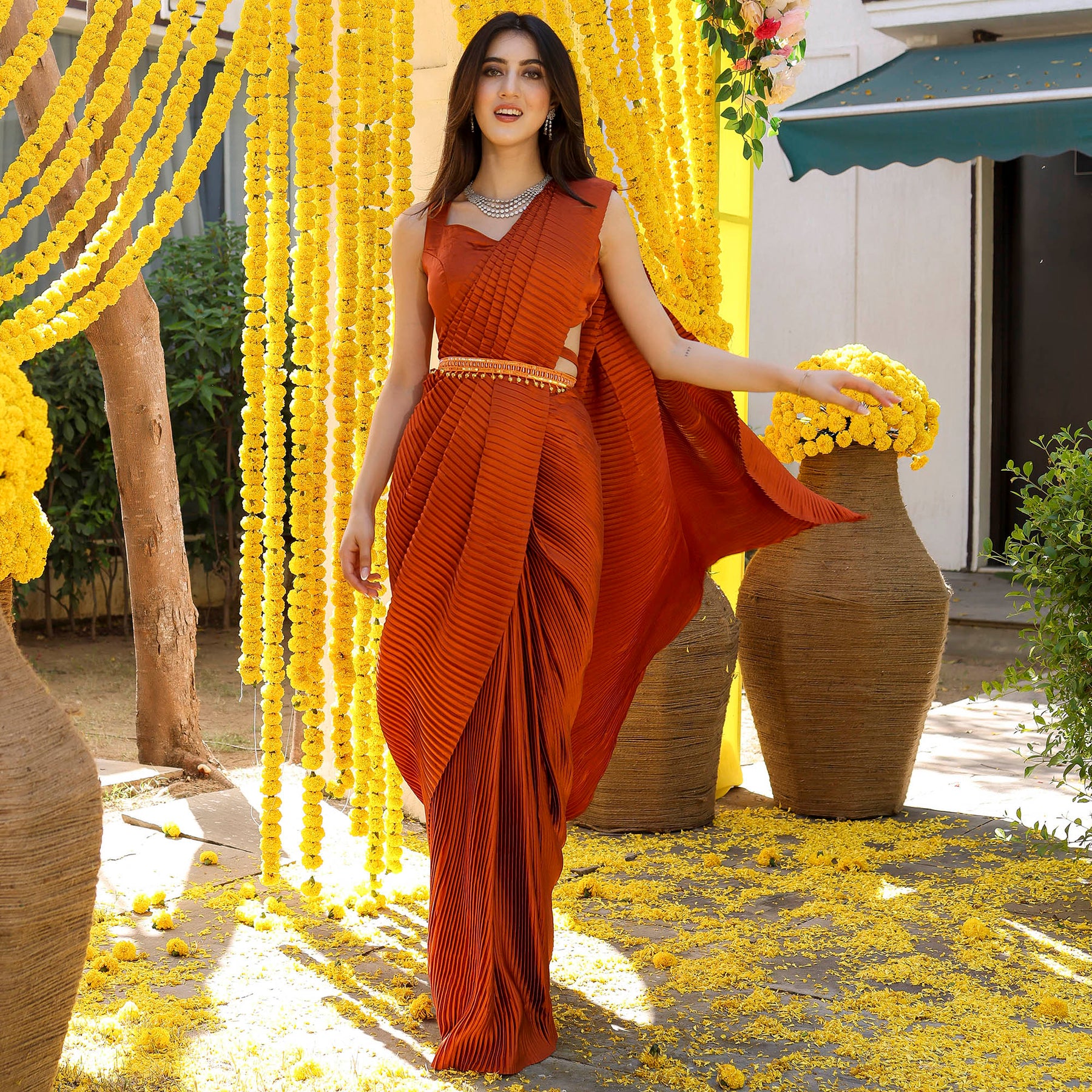 Brown Pleated Pre-Draped Saree