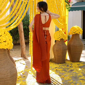 Brown Pleated Pre-Draped Saree