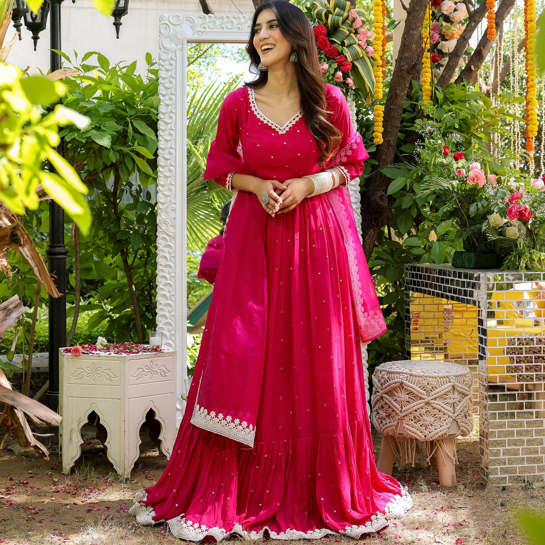 Pink Mirror Anarkali Set