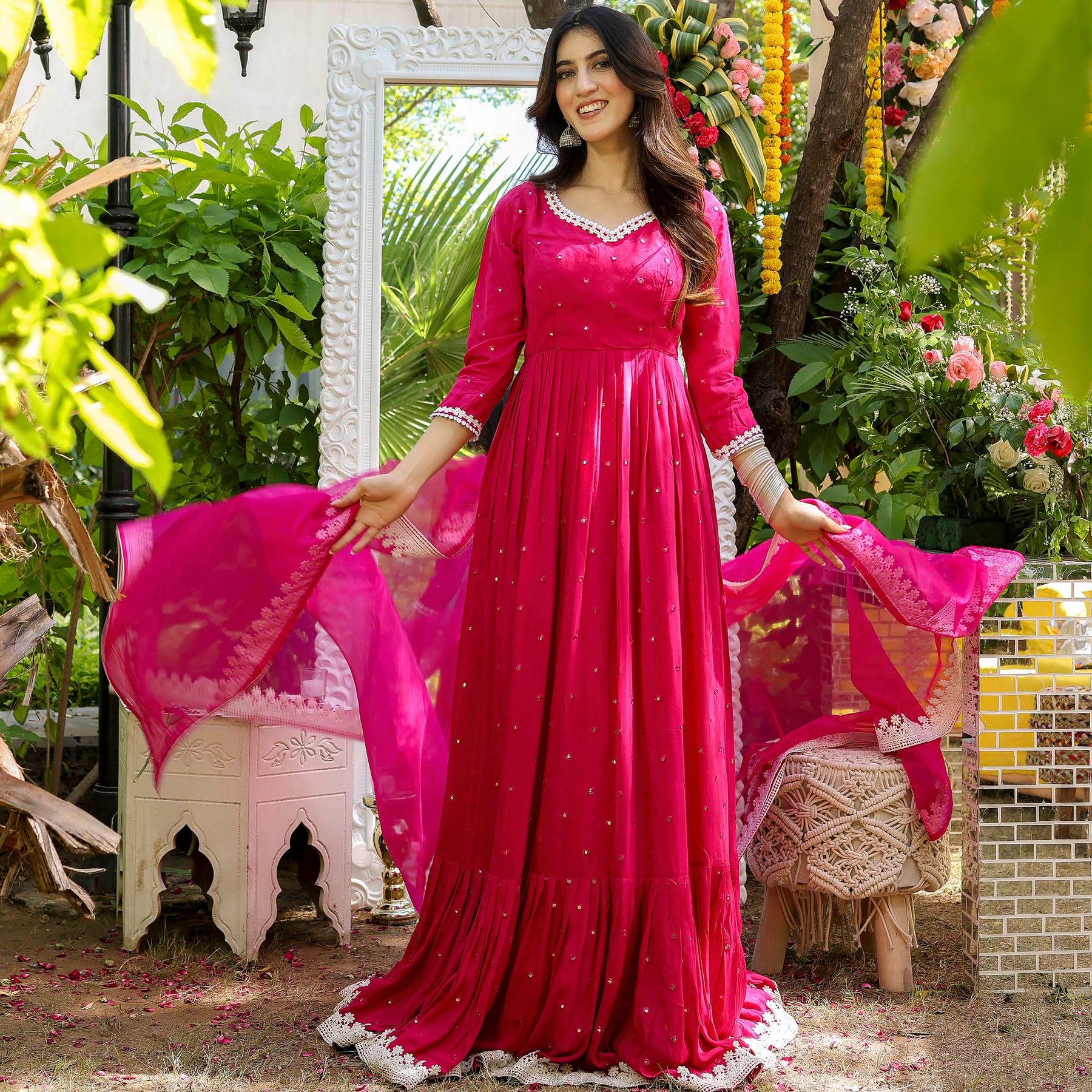 Pink Mirror Anarkali Set