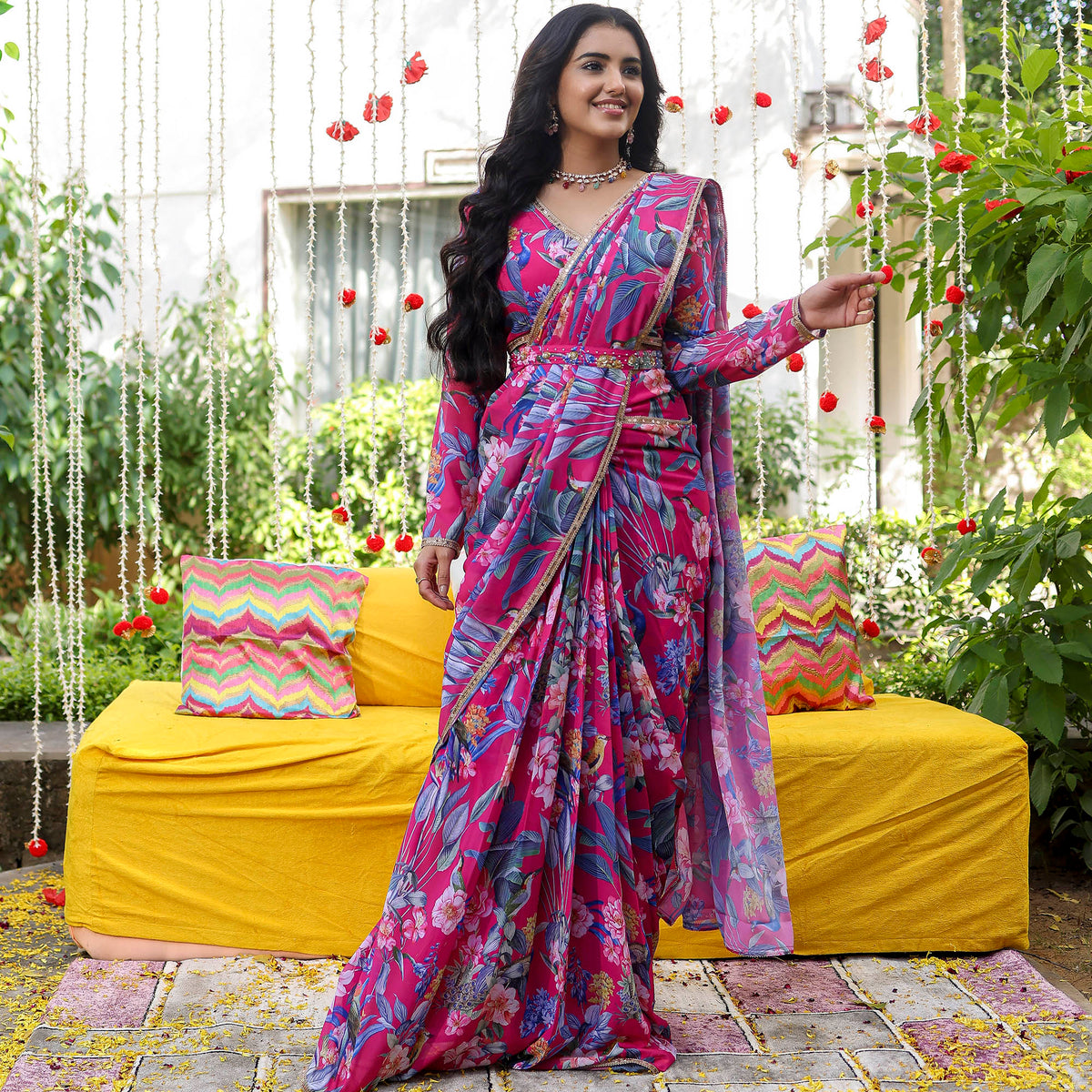 Pink Printed Ready Saree