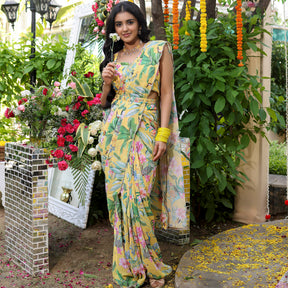 Yellow Printed Ready Saree