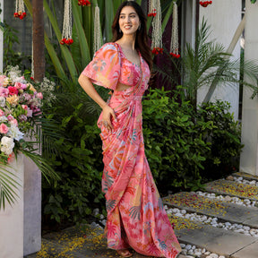 Peach Printed Ready Saree