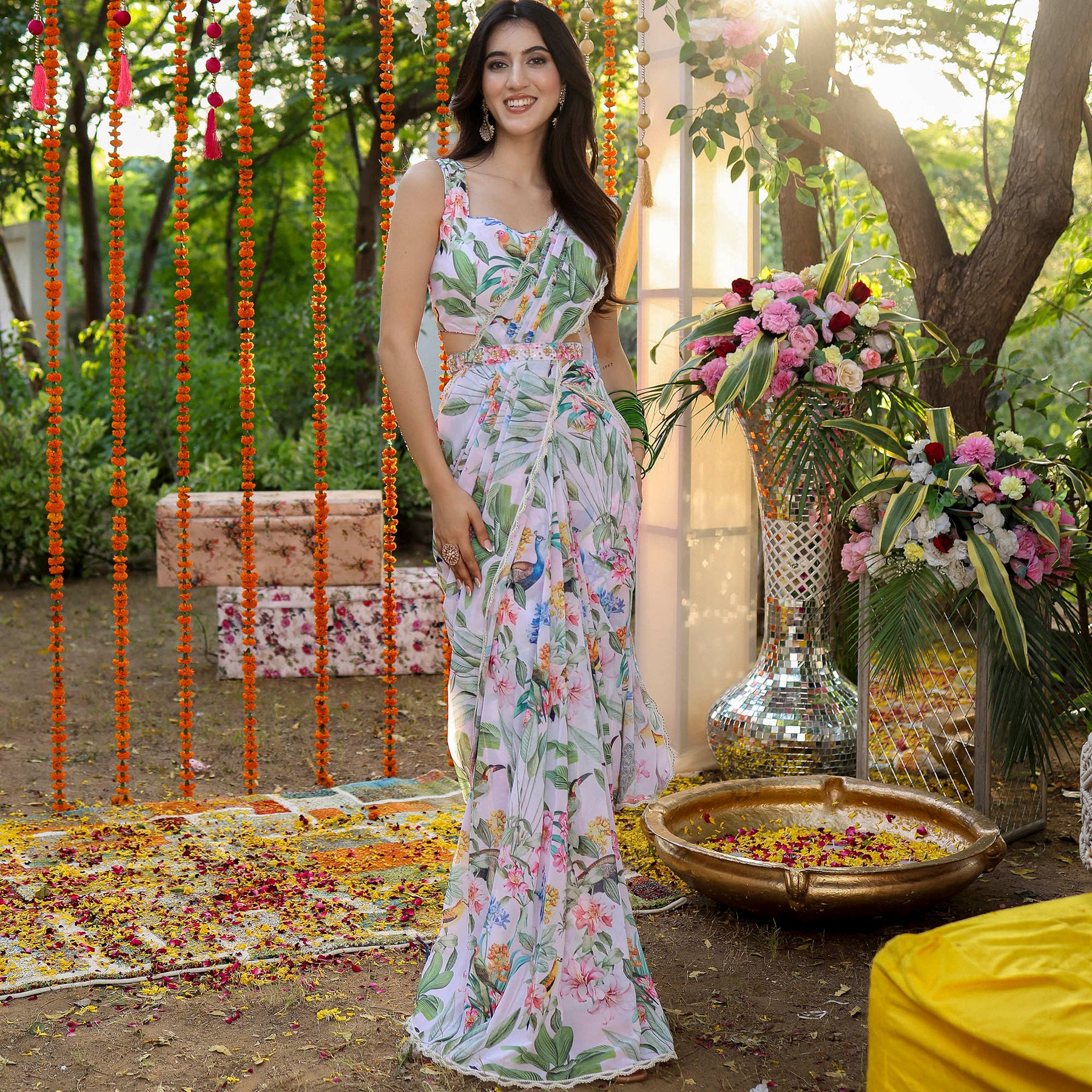 White Printed Predraped Saree