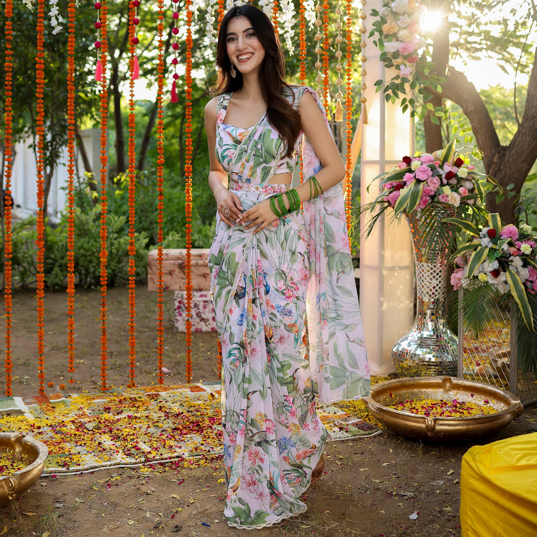 White Printed Predraped Saree