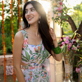 White Printed Predraped Saree