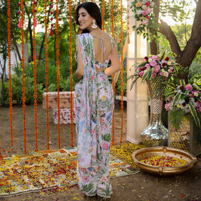 White Printed Predraped Saree