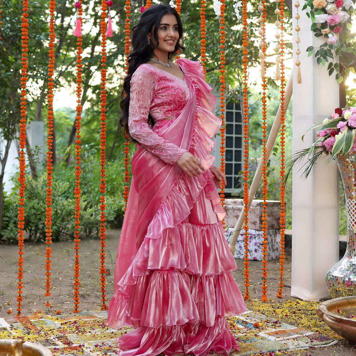 Pink Chiffon Handwork Ready Saree