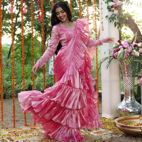 Pink Chiffon Handwork Ready Saree