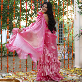 Pink Chiffon Handwork Ready Saree