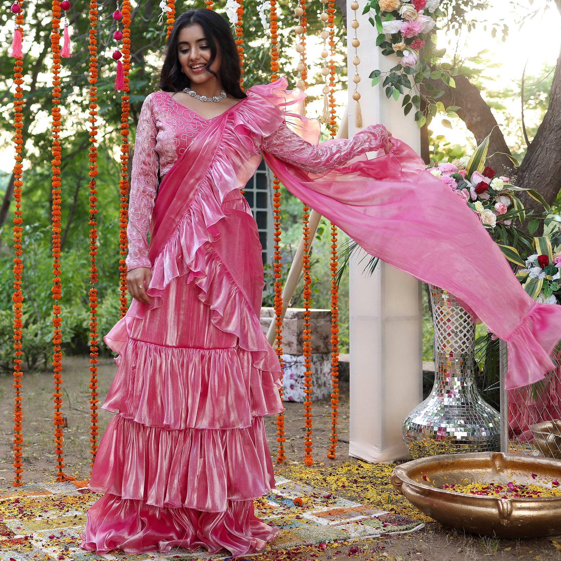 Pink Chiffon Handwork Ready Saree