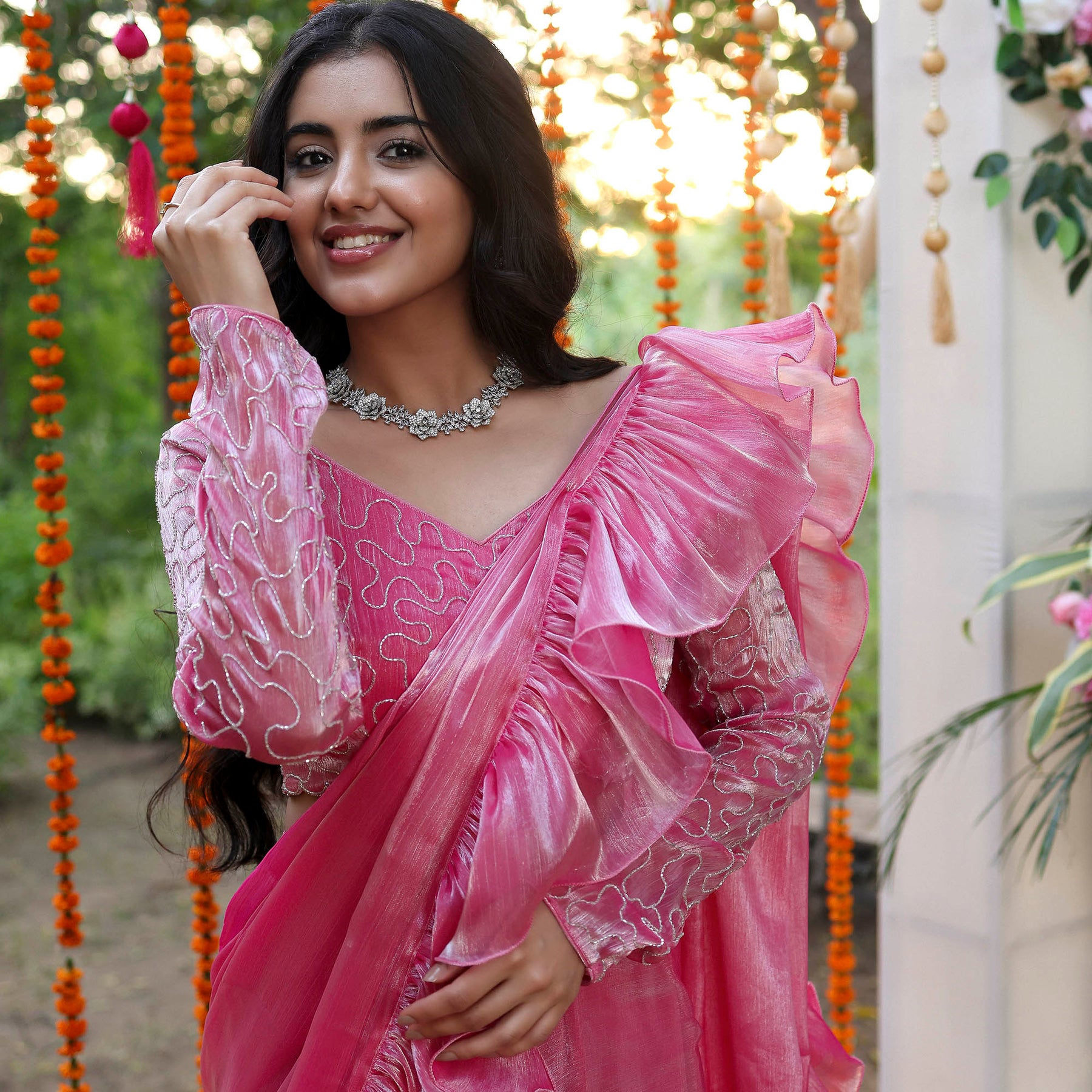 Pink Chiffon Handwork Ready Saree