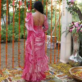 Pink Chiffon Handwork Ready Saree