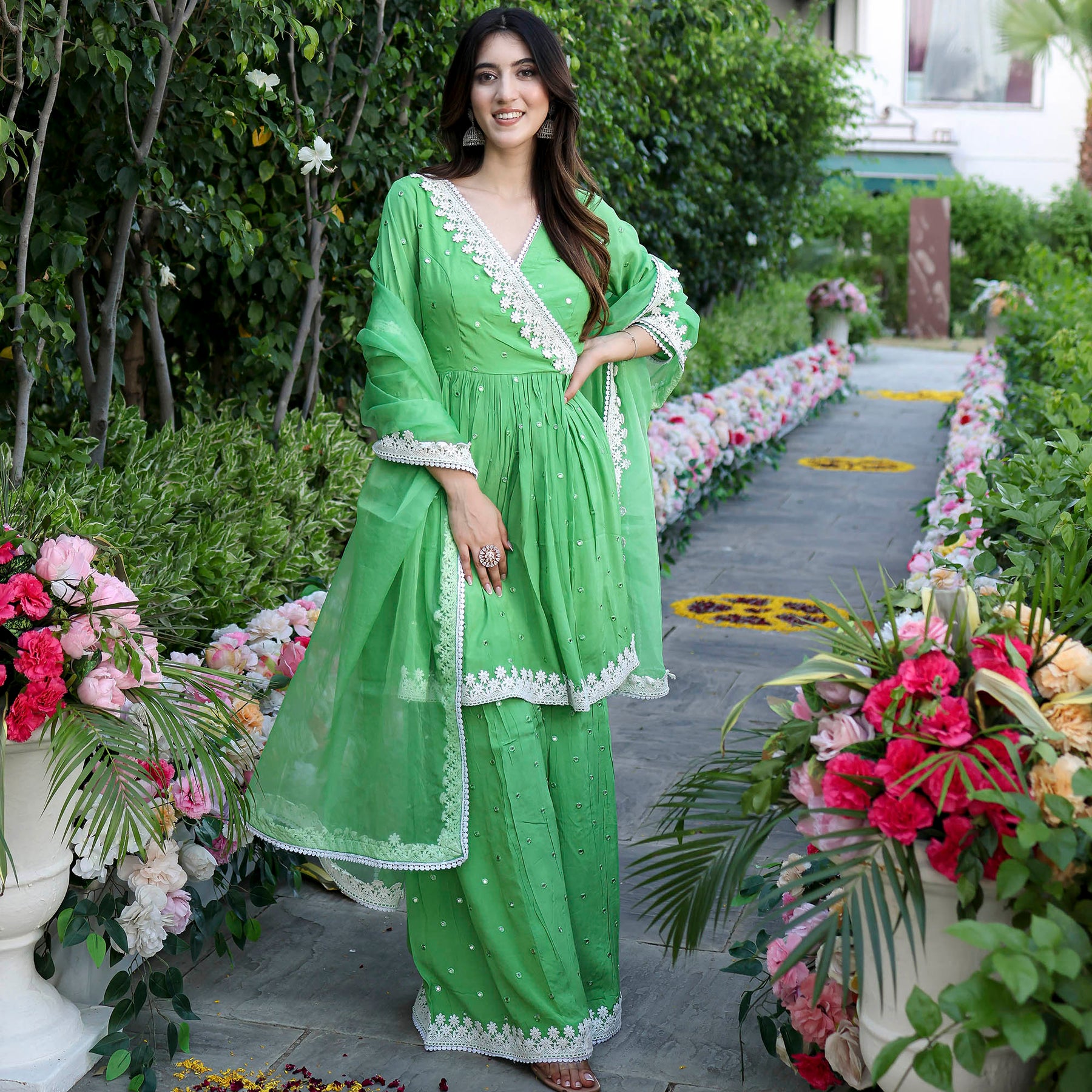 Green Mirror Sharara Set