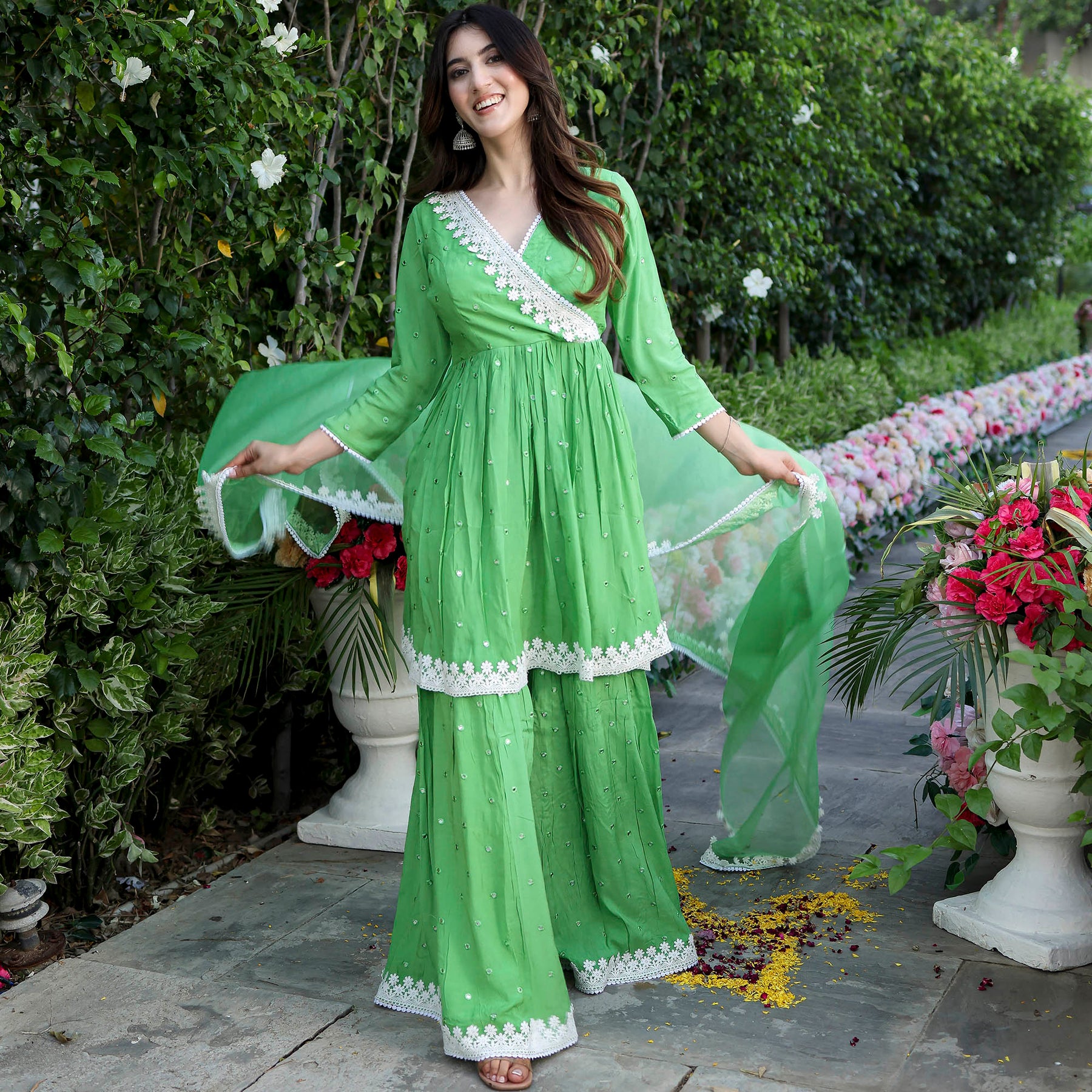 Green Mirror Sharara Set