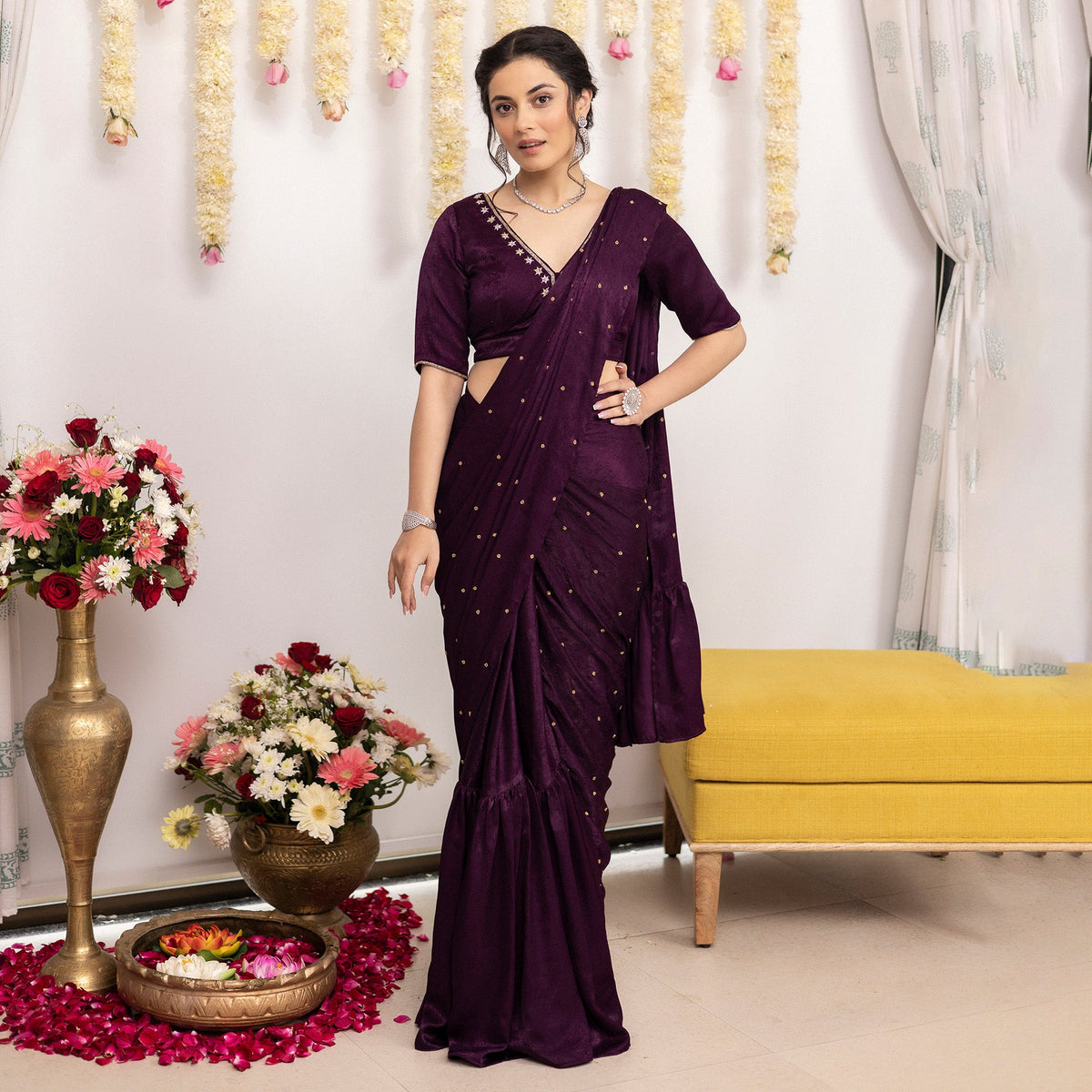 Purple Apricot Ruffle Saree