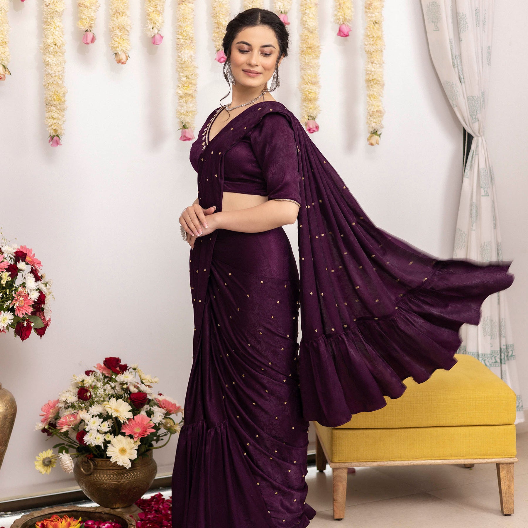 Purple Apricot Ruffle Saree