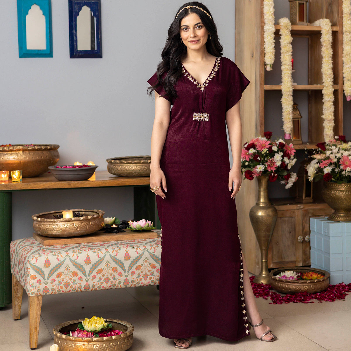 Burgundy Apricot kaftan Dress