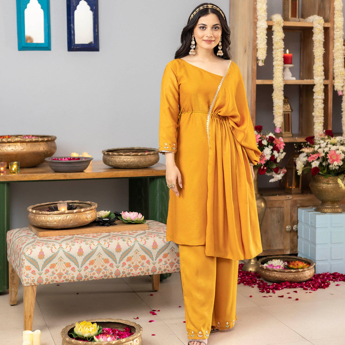 Mustard One Shoulder Apricot Kurta Set With Cape