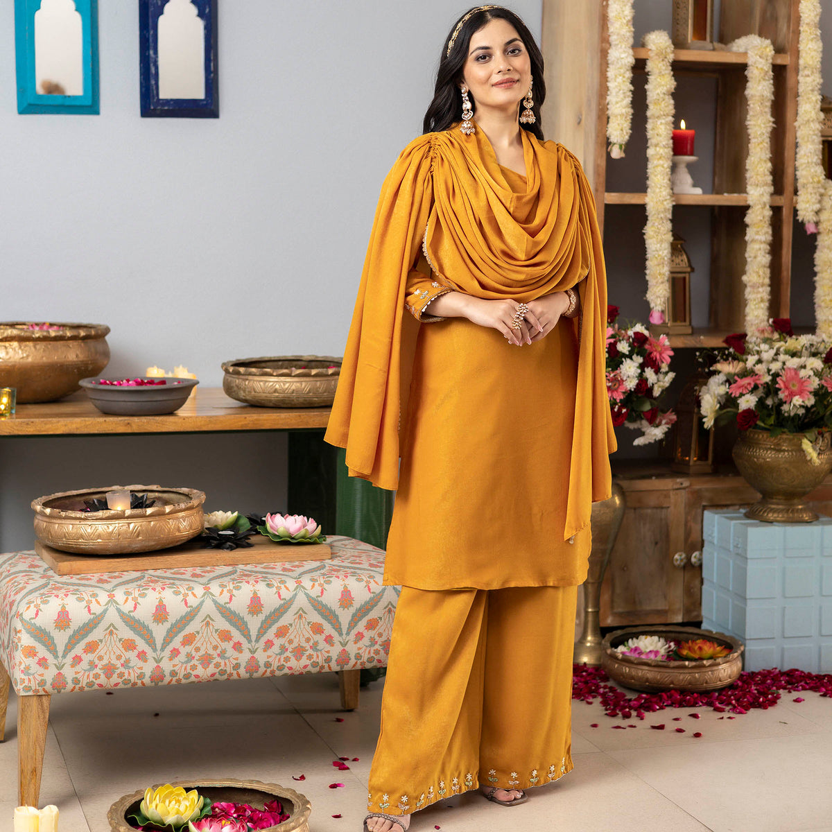 Mustard One Shoulder Apricot Kurta Set With Cape